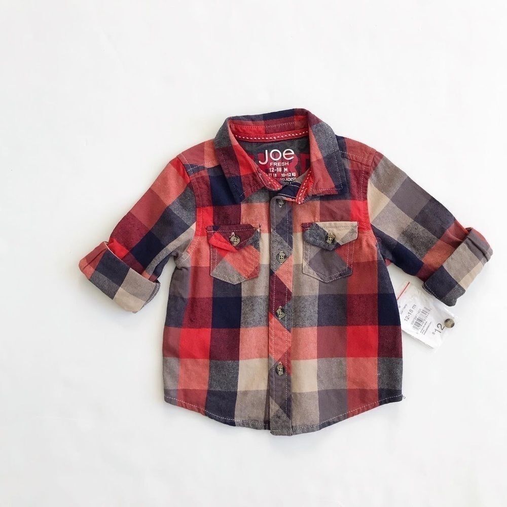 Joe Fresh NWT plaid button down shirt 12-18 months
